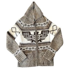 BLUENOTES COWICHAN Thunderbird Chunky Knit hooded Zip Up Cardigan Sweater Aztec